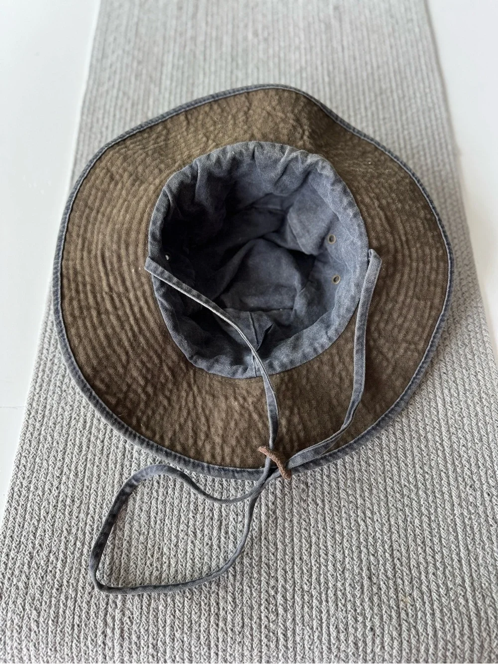 Vintage 90s Washed Black Cotton Bucket Hat Chin Strap w Leather Trim Unisex